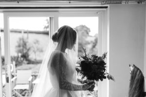 Black and white photo of beautiful bride