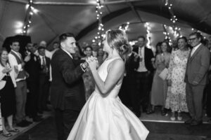 Bride and groom first dance black and white photography Rustic farm family wedding in devon