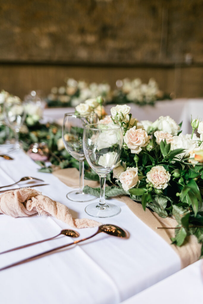 Table decorations for French Chateau wedding photography and videography