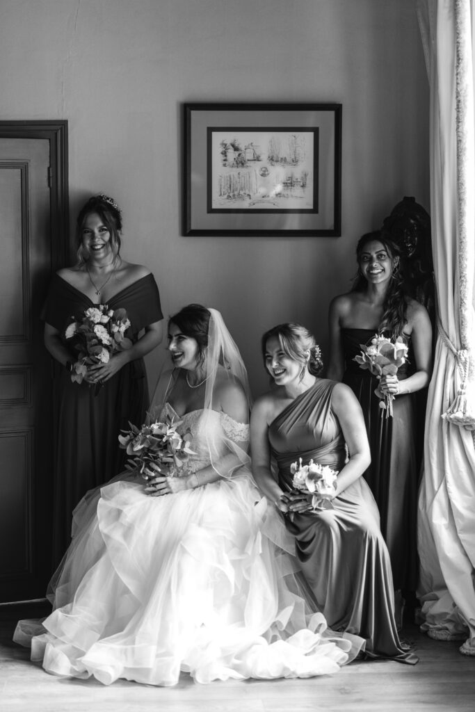 Bride with bridesmaids at her French Chateau wedding photography and videography