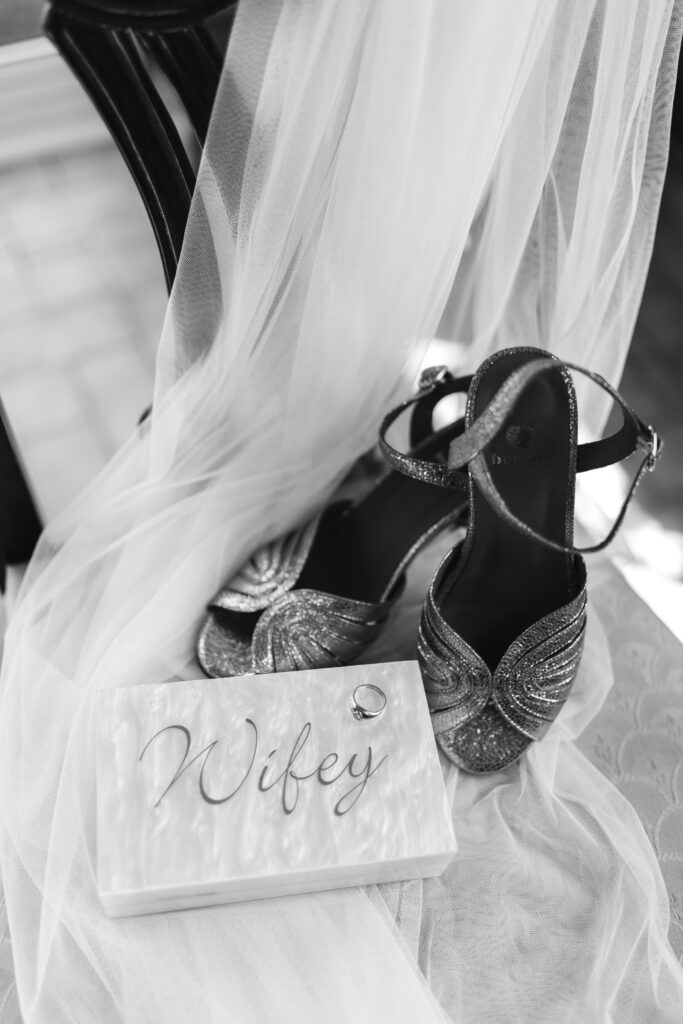 Wedding flat lay image, details displayed on wedding morning 