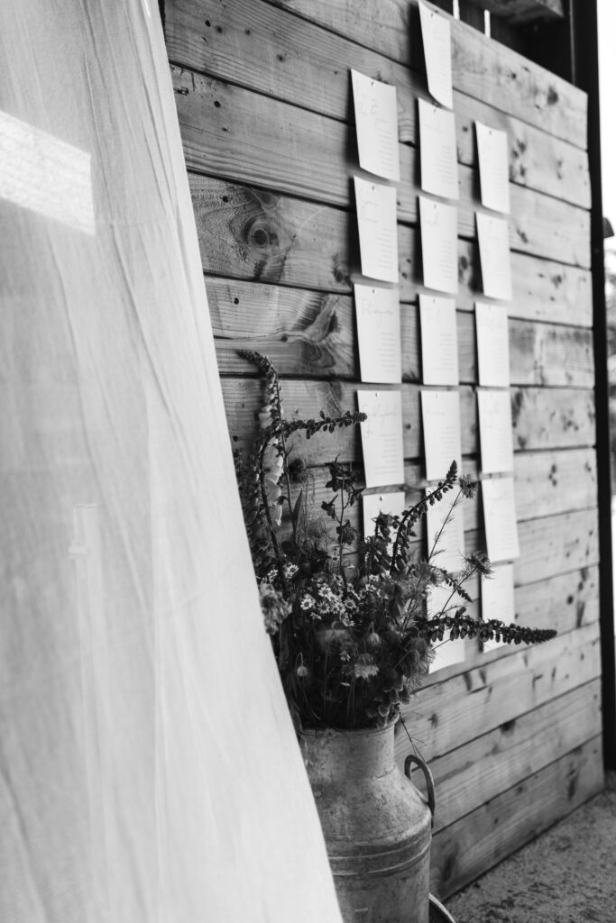 Details inside the cowshed barn in Cornwall ready for the wedding day 