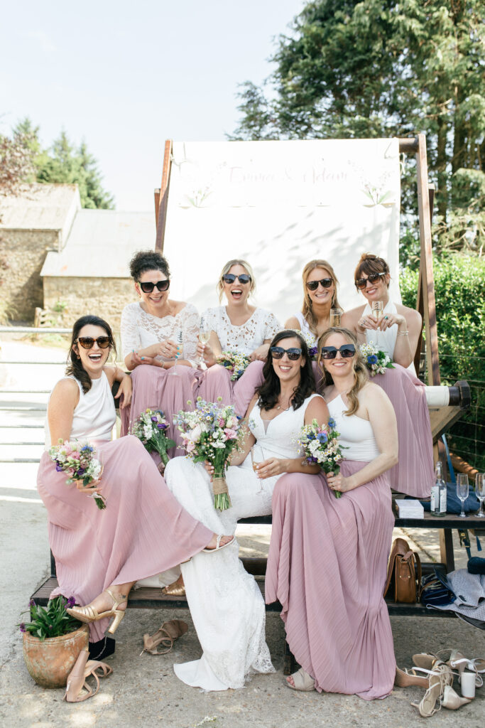 Bride and bridesmaid funny, casual photograph